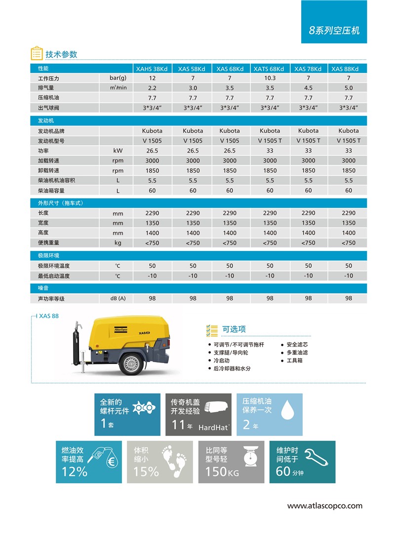 阿特拉斯移動空壓機小機8系列